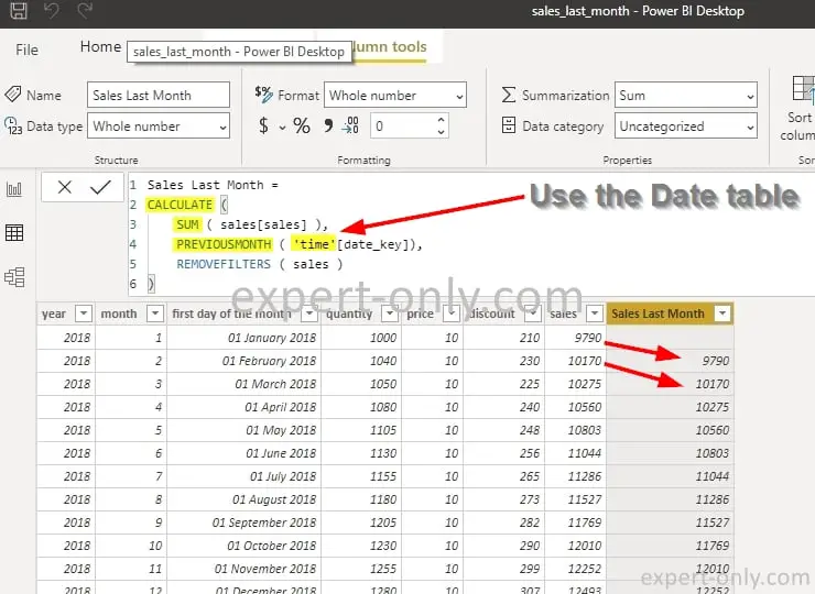 Fórmula de Power BI para calcular el valor del mes anterior usando DAX