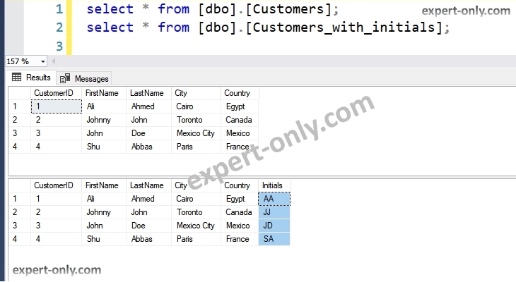 Query from SSMS with the two tables and the initials created by the SSIS package