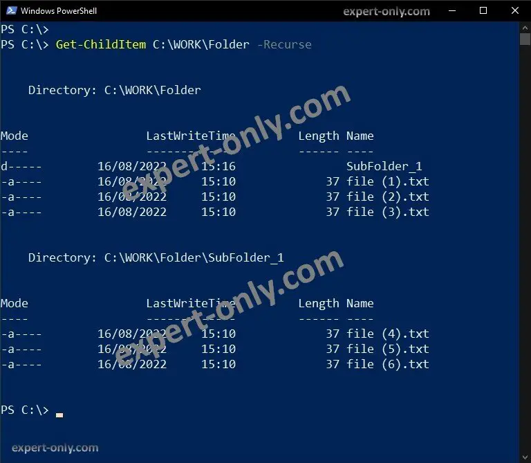 List all files recursively with the PowerShell Get-ChildItem command