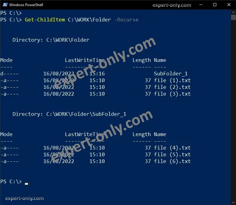 Mostrar todos los archivos recursivamente en PowerShell con el comando Get-ChildItem