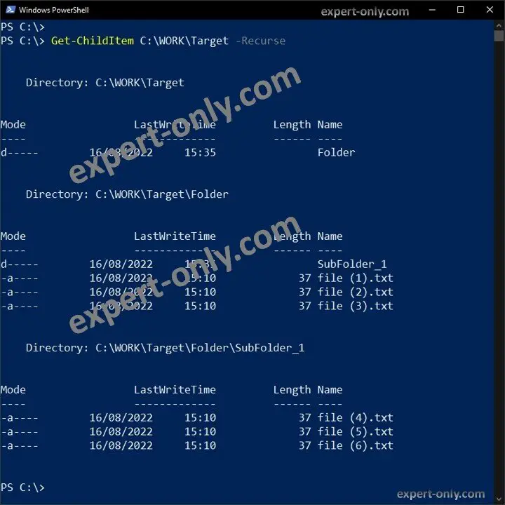 Display files and folders in the target folder recursively in PowerShell