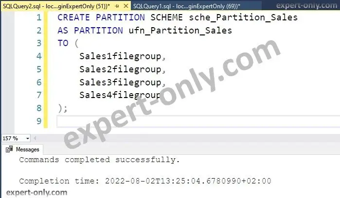 Add a SQL Server partition scheme and use the four data file groups for the sales table