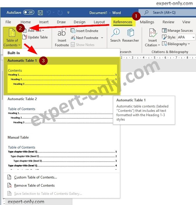 Add an automatic table of contents in Word