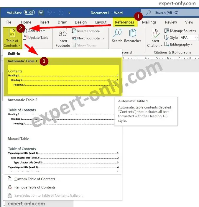 Add an automatic table of contents in Word