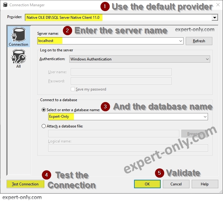 How to connect to a SQL Server database with SSIS ?