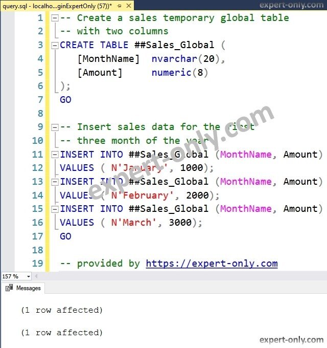 Create a global temporary table with a SQL Server script
