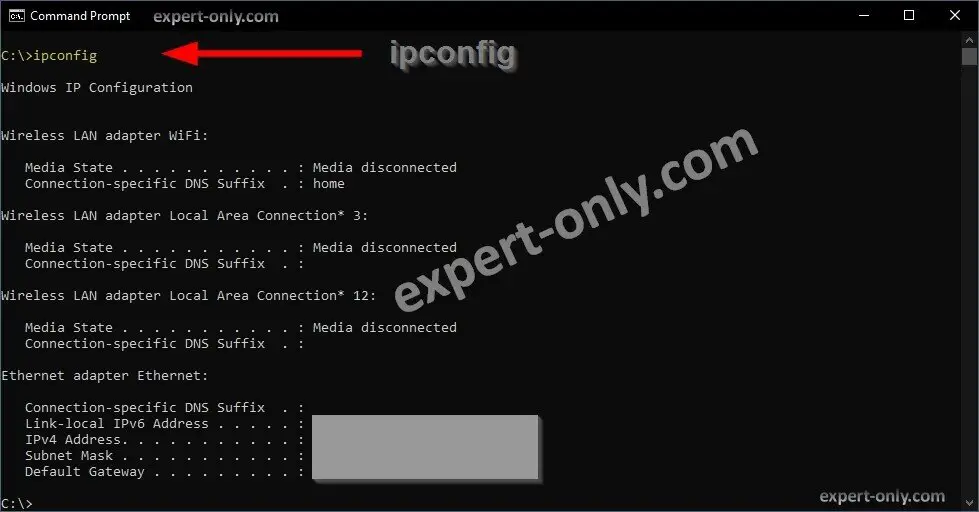Type ipconfig in the command prompt to display Windows PC IP address 