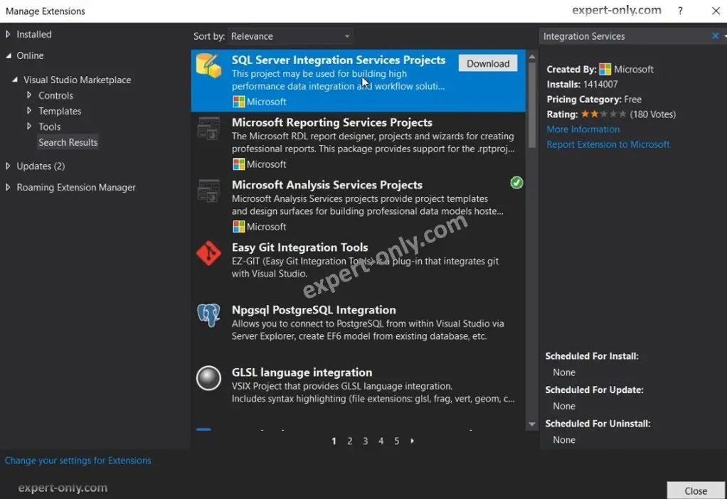 Download the SQL Server Integration Services Projects extension from Visual Studio 2019