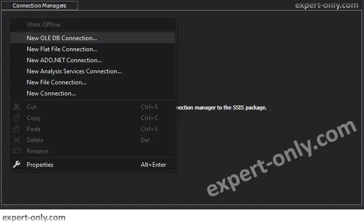 Create a new OLE DB Connection using the SSIS Connection Manager