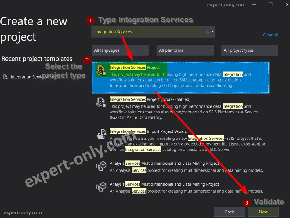 Crear un nuevo proyecto SSIS con Visual Studio 2019