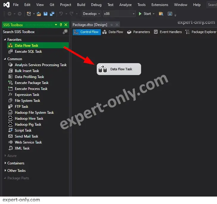 Create the data flow task into the control flow within the SSIS package