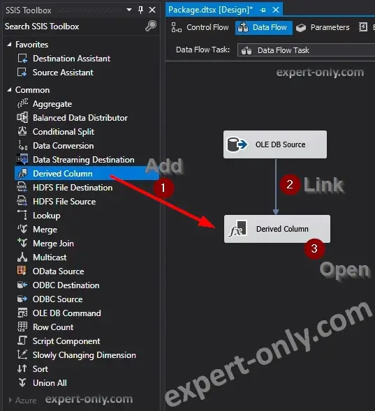 Add then link the OLE DB Source to the SSIS Derived Column component and edit it  