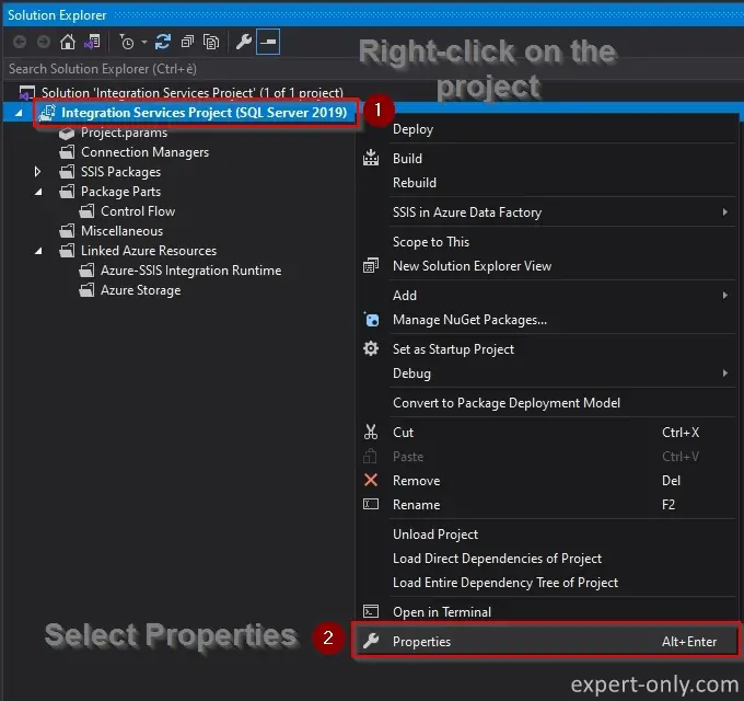 Afficher les propriétés d'un projet SSIS depuis Visual Studio.