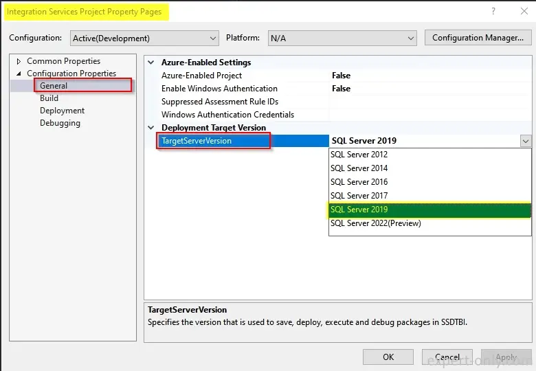 Changing the compatibility level of an SSIS project with TargetServerVersion