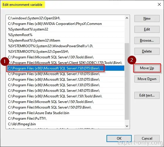 Modifier l'ordre des exécutables SQL Server dans la variable d'environnement Path