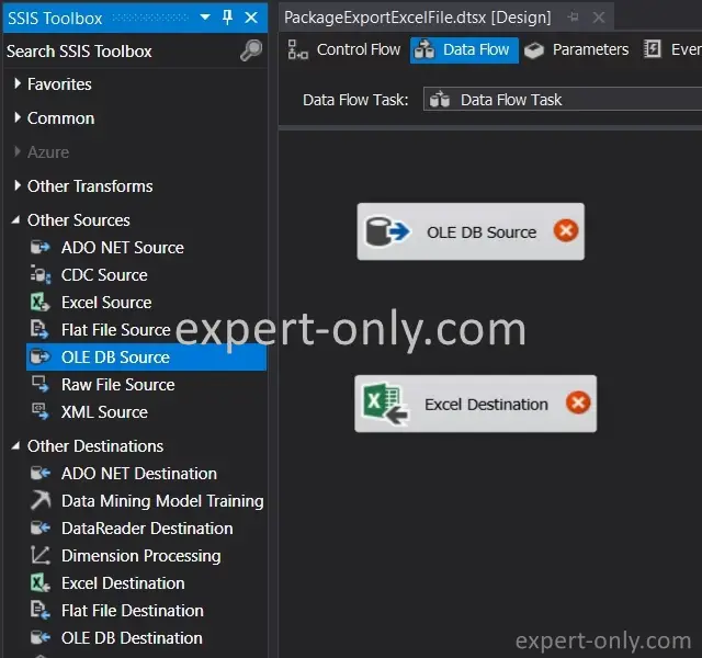 Add the OLE DB Source and Excel Destination components to the SSIS data flow.