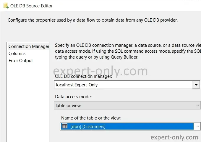 Select the connection and source table to export to Excel