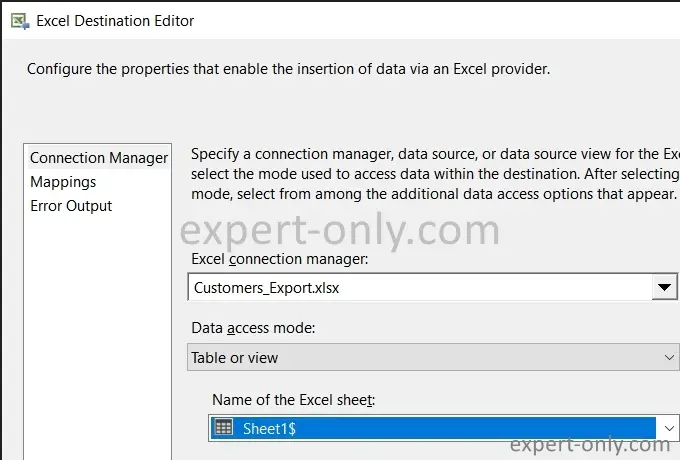 Configure the SSIS component to export data into the Excel file