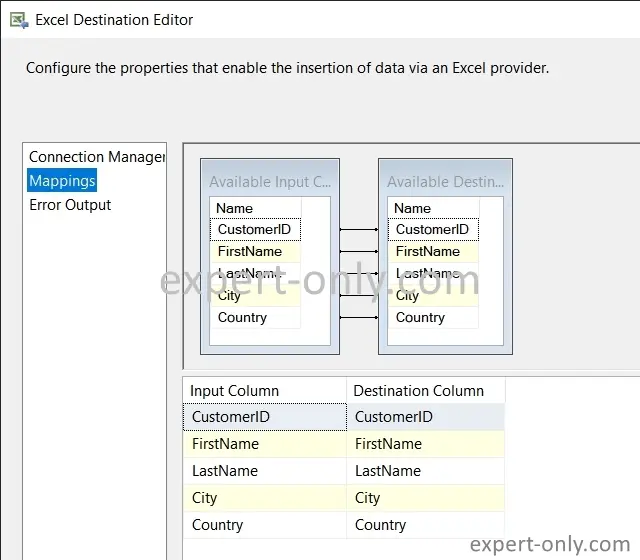 Vérifier le mapping SSIS avant d'exporter la table dans le fichier Excel