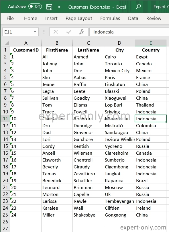The content of the Excel file matches the SQL Server source table