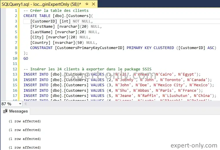 Create the SQL Server table and insert the data to export into the CSV file with SSIS