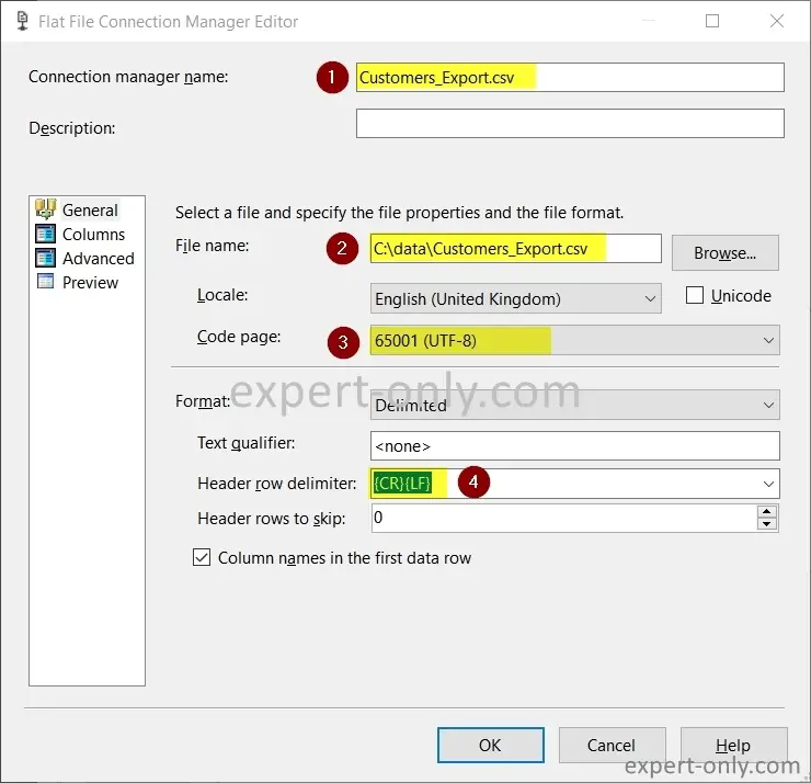 Configure the SSIS connection to the target CSV file to export SQL Server data 
