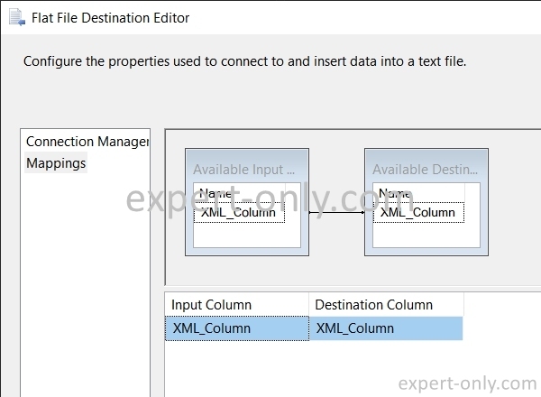 Mapping from the SQL Server source table to the XML file to export with SSIS