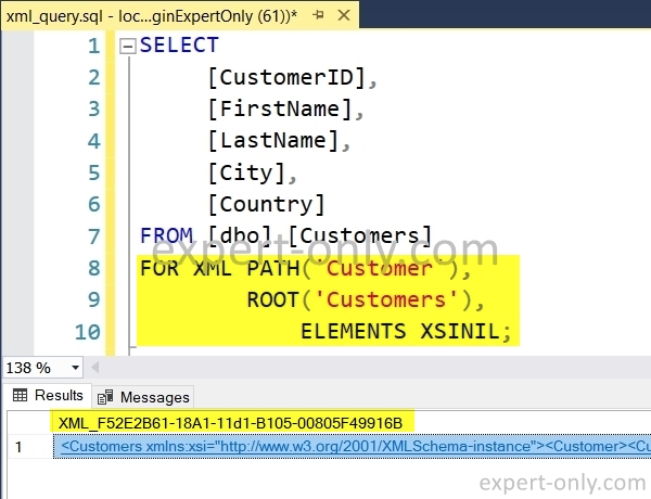 Edit and run the XML SQL query to transform the rows into XML format