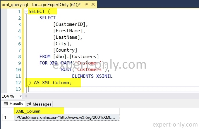 XML query in a subquery executed in SSMS to display the result as text