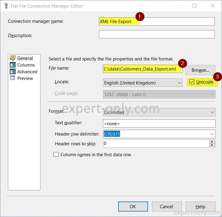 Configure the options for the target XML file to be exported