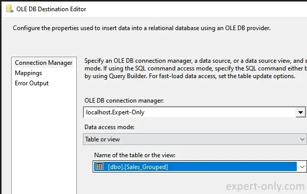 Choose the SQL Server target table to store the data aggregated with SSIS