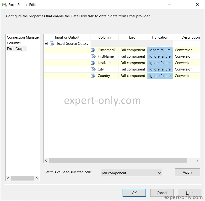 Configure the SSIS truncation error handling of the Excel file