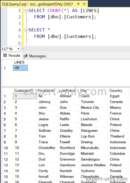 Requête SQL dans SSMS pour vérifier que toutes les lignes du fichier Excel sont intégrées dans la table