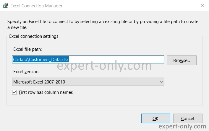 Configure the path of the Excel file to import in the SQL Server table with SSIS