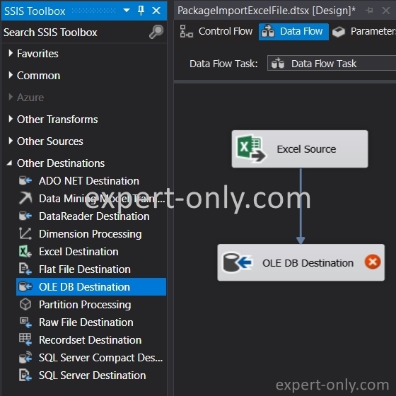 Prepare the connection to the SQL Server database with the SSIS OLE DB Destination component