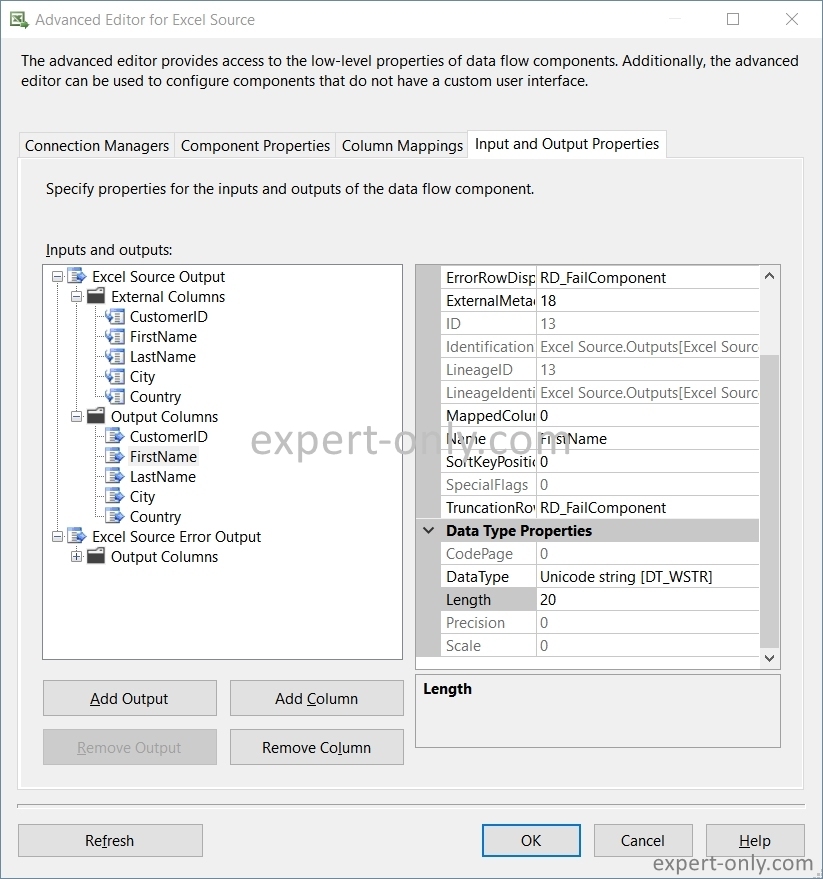 Changing the type of columns in the SSIS Advanced Editor for Excel Source