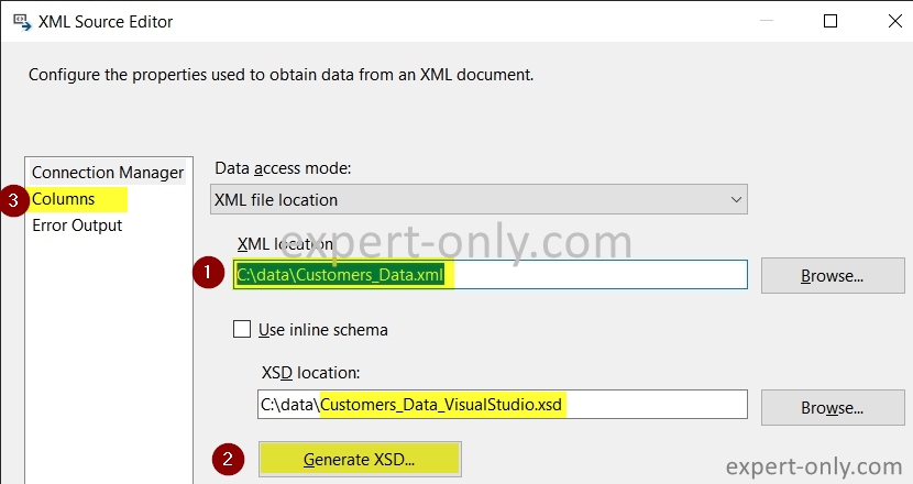Set up the source XML file to be imported into the database and the XSD schema with SSIS