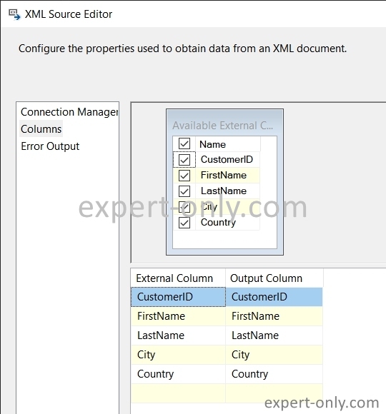 Check the columns of the XML file to be imported with SSIS