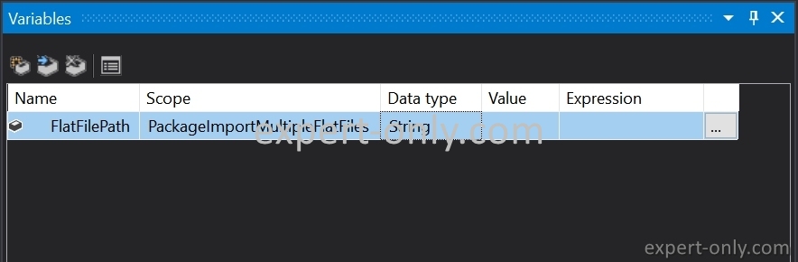 Create the FlatFilePatch SSIS variable to store text file names dynamically to be mapped to each file to import