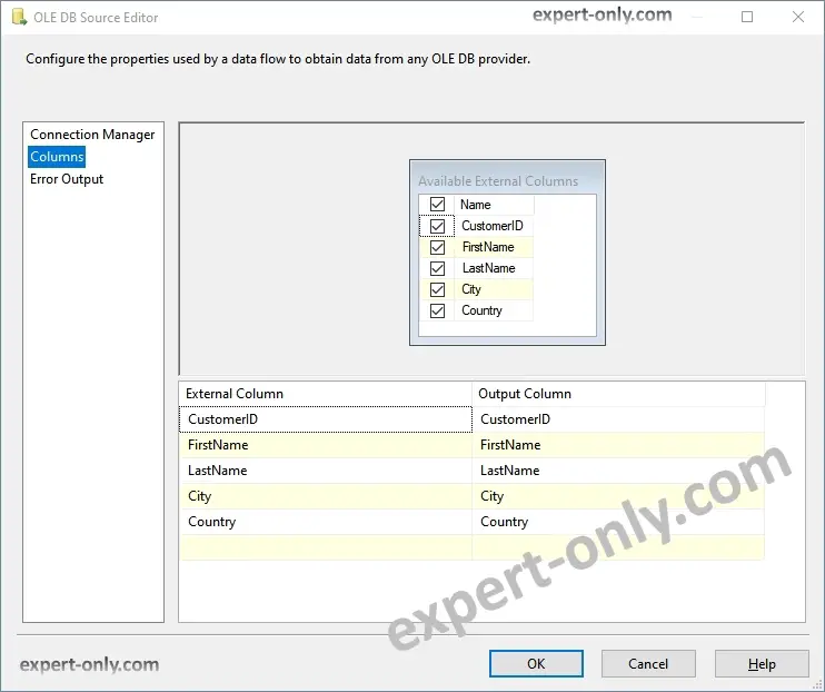 Check the column mapping from the Columns tab