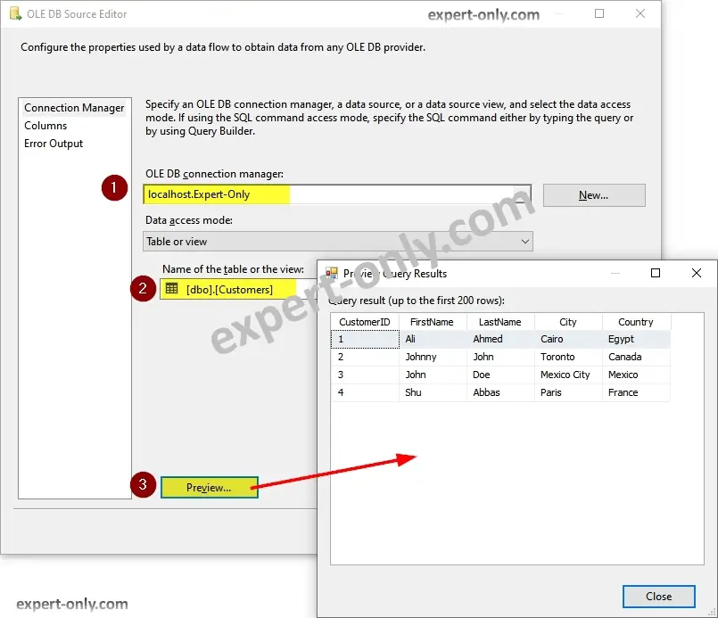 Configurer la table source des clients avec l'éditeur OLE DB et prévisualiser les données avec SSIS