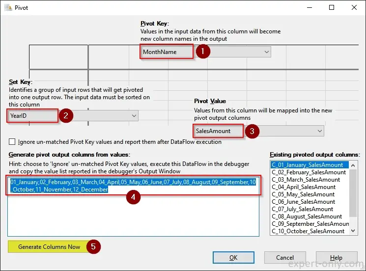 Configure the SSIS Pivot options from the editor window to transform rows into columns