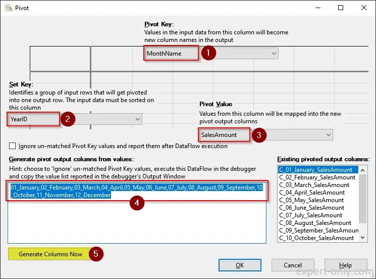 Configurer le Pivot SSIS pour transformer les lignes en colonnes