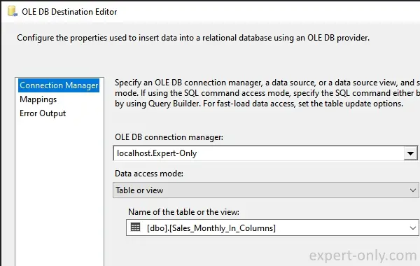 Choisir la table SQL pour stocker les données après le pivot SSIS