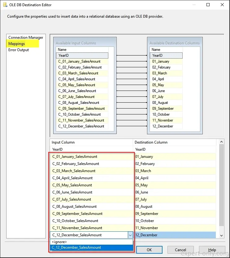 Link columns after the SSIS pivot with columns in the target SQL Server table