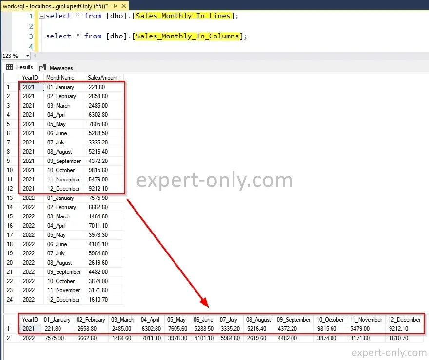 SQL Query in SSMS to check data stored in columns after the PIVOT