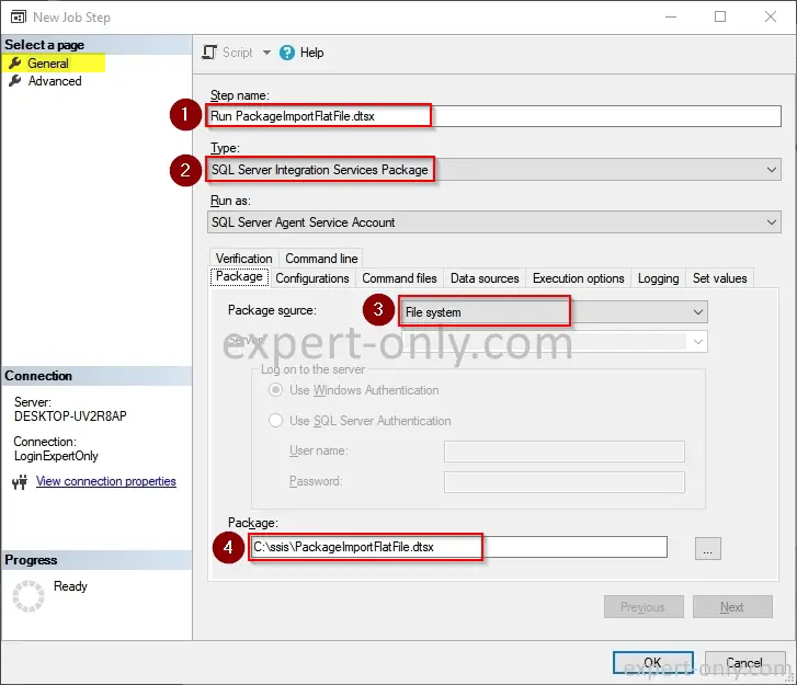Setting up a step to schedule and run SSIS packages with SQL Server Agent