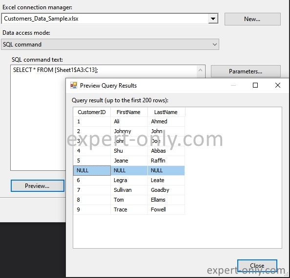 Import Excel cells with SSIS using a SQL query in the Excel component