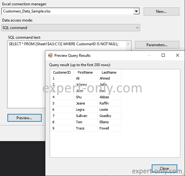 Requête SQL sur Excel avec SSIS avec un filtre sur les colonnes du fichier