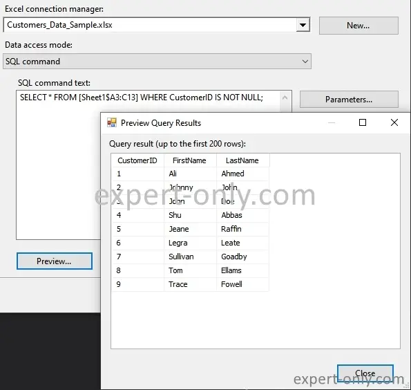 SQL Query with a filter on the Excel column using SSIS